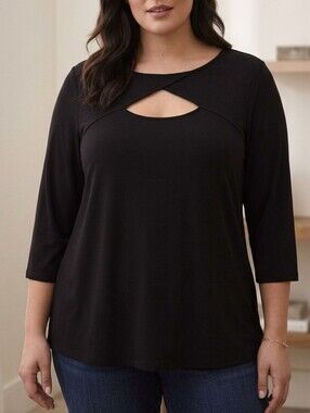 JNY Jones New York Solid Black Criss Cross Keyhole Blouse 3X Plus Knit Top Women